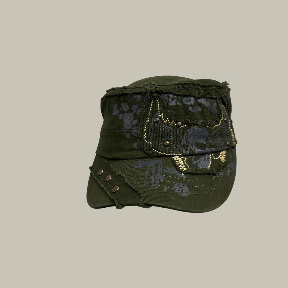 Unbranded Cadet Hat Mens OS Green Distressed Skull Studded Military Cap
